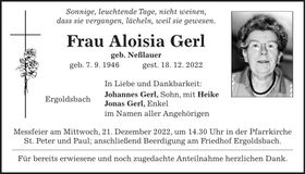 Traueranzeige Aloisia Gerl