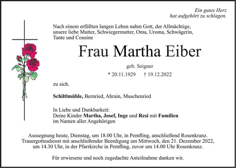 Traueranzeige Martha Eiber