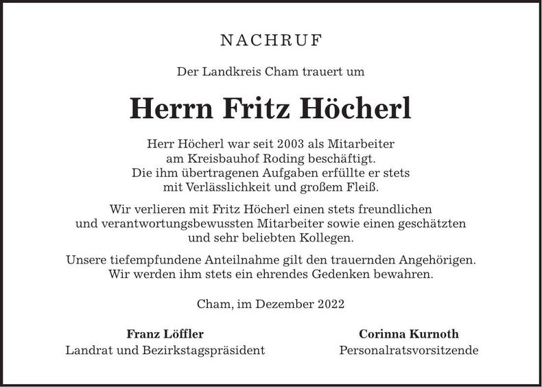 Traueranzeige Fritz Höcherl