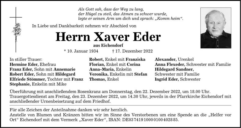 Traueranzeige Xaver Eder