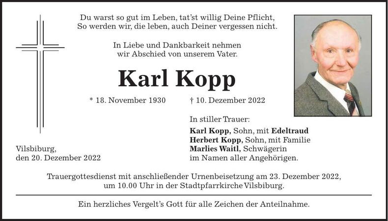Traueranzeige Karl Kopp