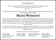 Traueranzeige Maria Weinzierl