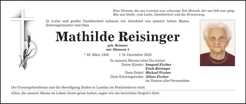 Traueranzeige Mathilde Reisinger
