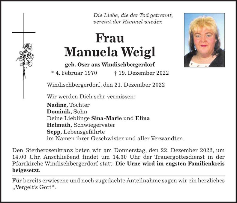Traueranzeige Manuela Weigl