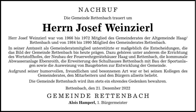 Traueranzeige Josef Weinzierl
