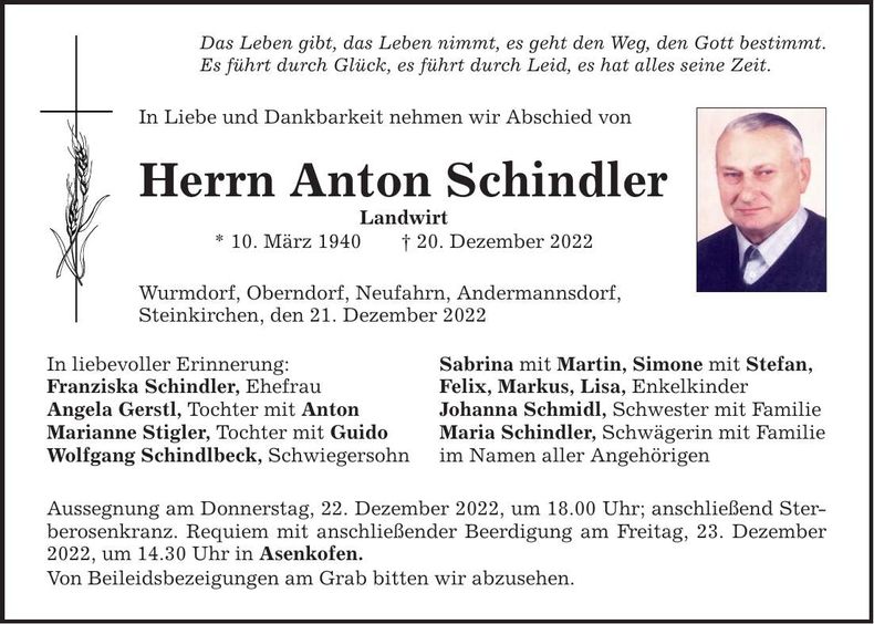 Traueranzeige Anton Schindler