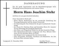 Traueranzeige Hans Joachim Stehr