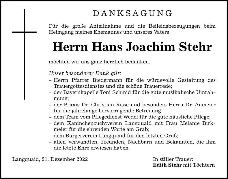 Traueranzeige Hans Joachim Stehr