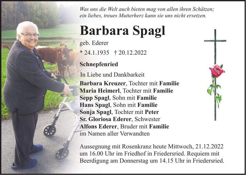 Traueranzeige Barbara Spagl