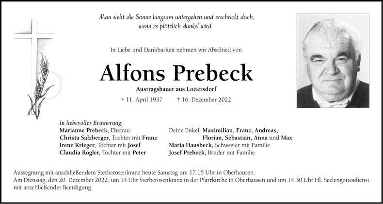 Traueranzeige Alfons Prebeck