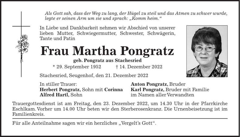 Traueranzeige Martha Pongratz