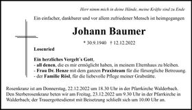 Traueranzeige Johann Baumer