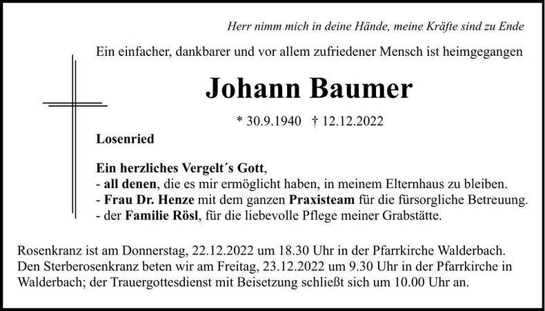 Traueranzeige Johann Baumer