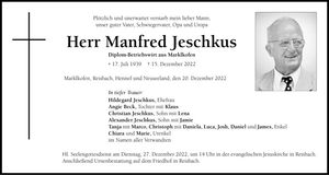 Traueranzeige Manfred Jeschkus