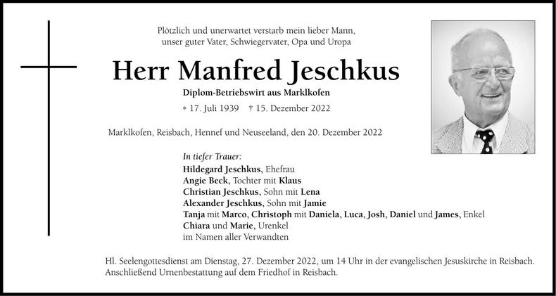 Traueranzeige Manfred Jeschkus