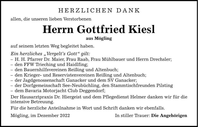 Traueranzeige Gottfried Kiesl