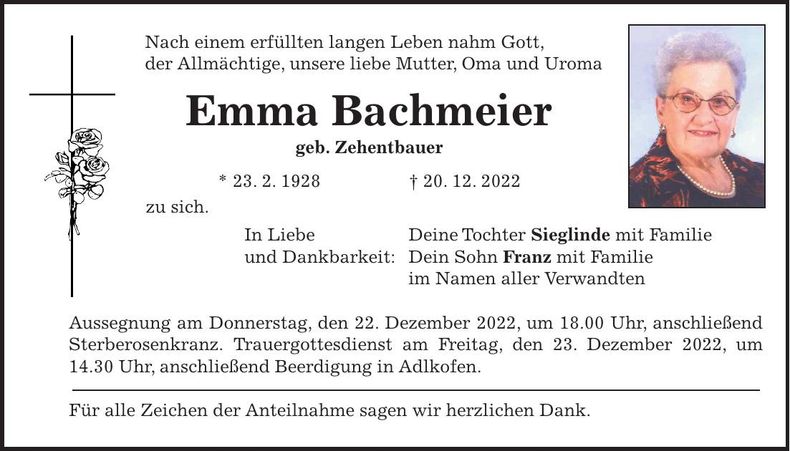 Traueranzeige Emma Bachmeier