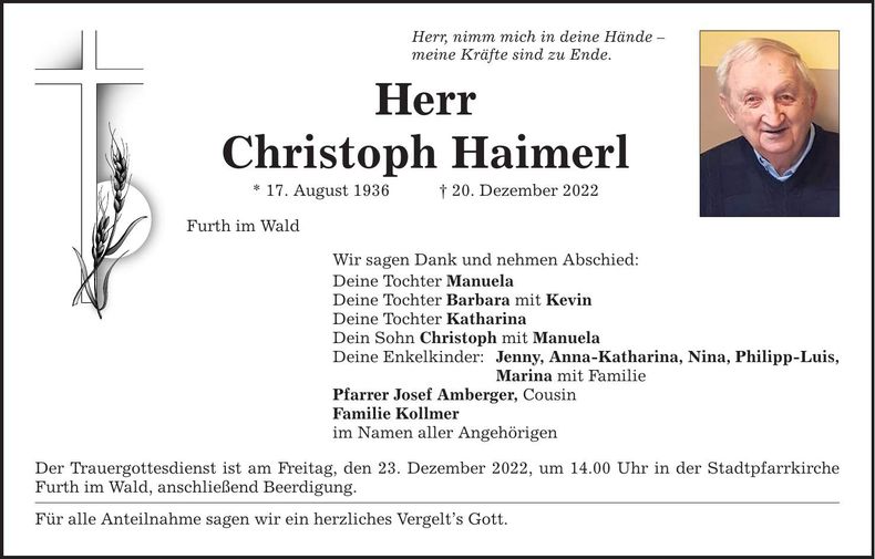 Traueranzeige Christoph Haimerl