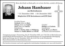 Traueranzeige Johann Hambauer