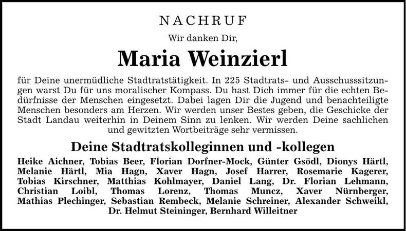 Traueranzeige Maria Weinzierl