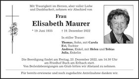 Traueranzeige Elisabeth Maurer