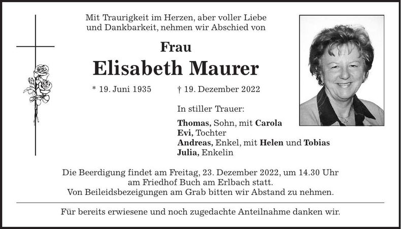Traueranzeige Elisabeth Maurer