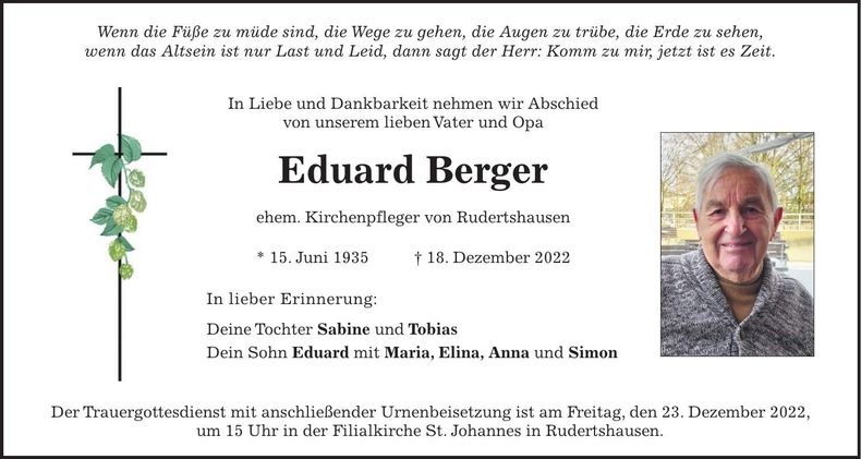 Traueranzeige Eduard Berger
