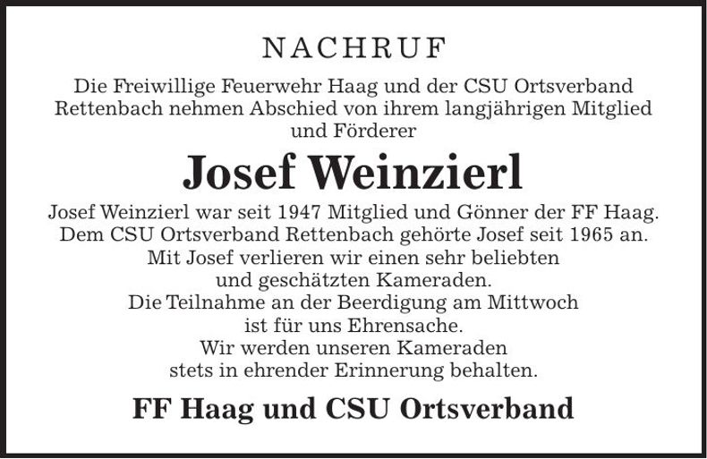 Traueranzeige Josef Weinzierl