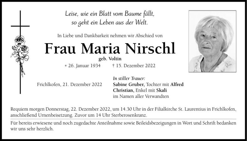 Traueranzeige Maria Nirschl