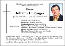 Traueranzeige Johann Luginger