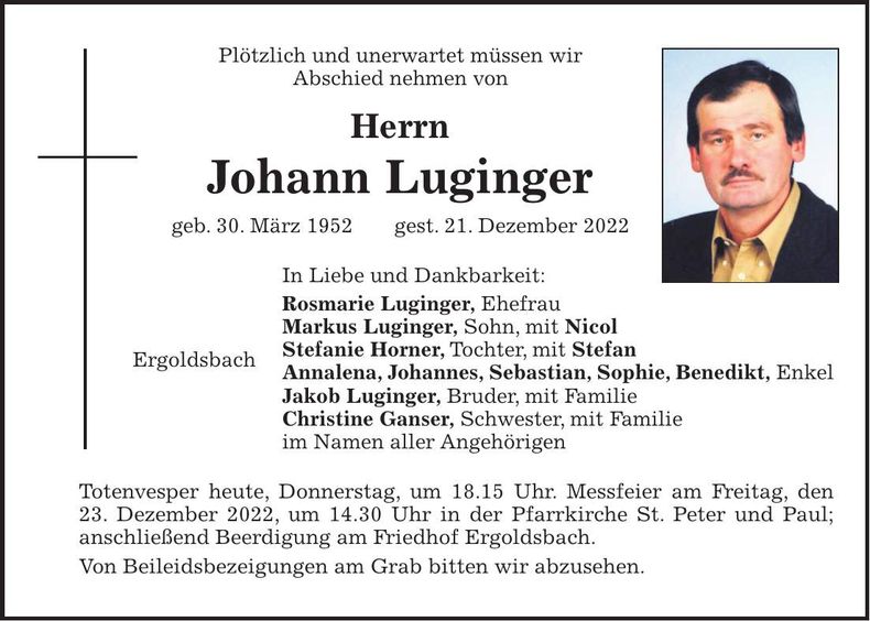 Traueranzeige Johann Luginger