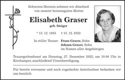 Traueranzeige Elisabeth Graser