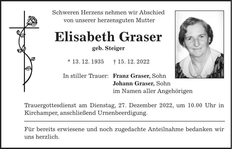 Traueranzeige Elisabeth Graser