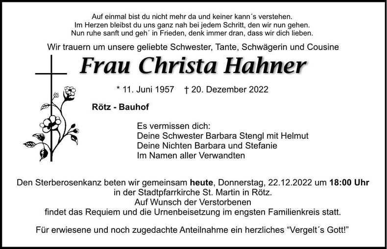 Traueranzeige Christa Hahner