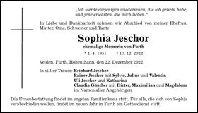 Traueranzeige Sophia Jeschor