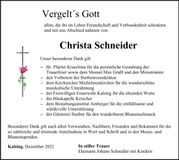 Traueranzeige Christa Schneider