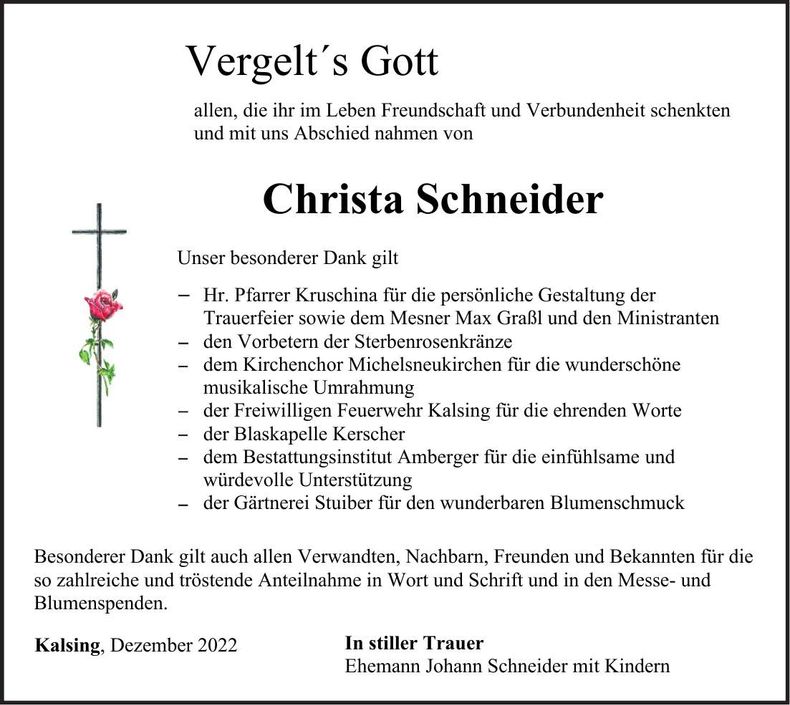 Traueranzeige Christa Schneider