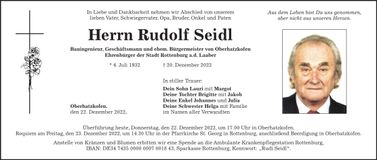 Traueranzeige Rudolf Seidl