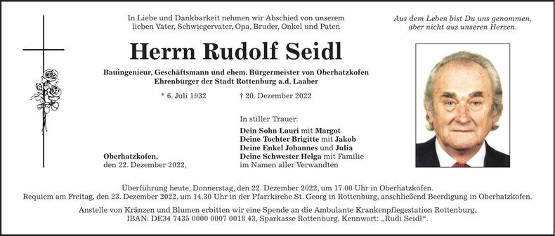 Traueranzeige Rudolf Seidl