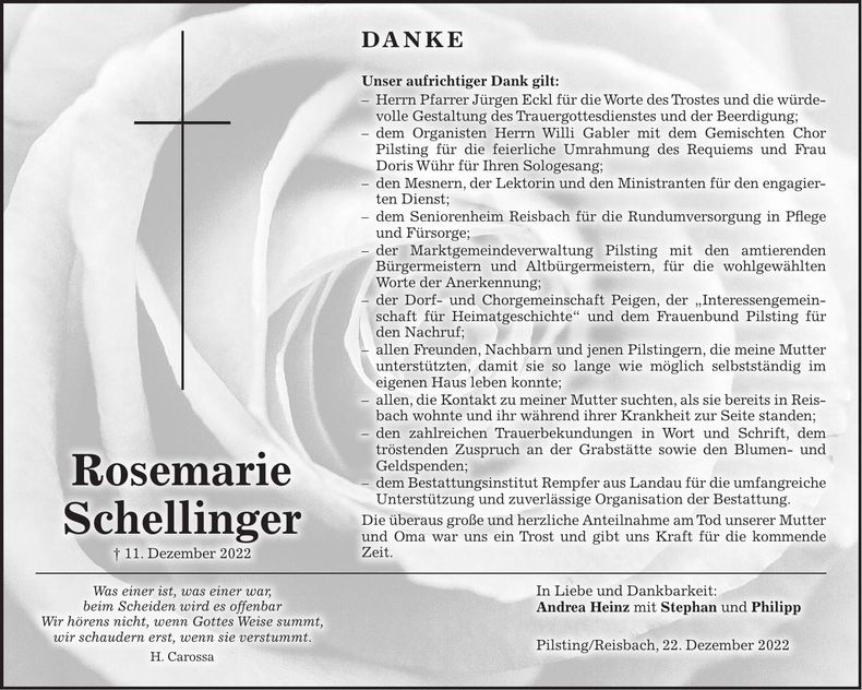 Traueranzeige Rosemarie Schellinger