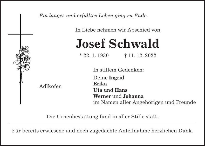 Traueranzeige Josef Schwald