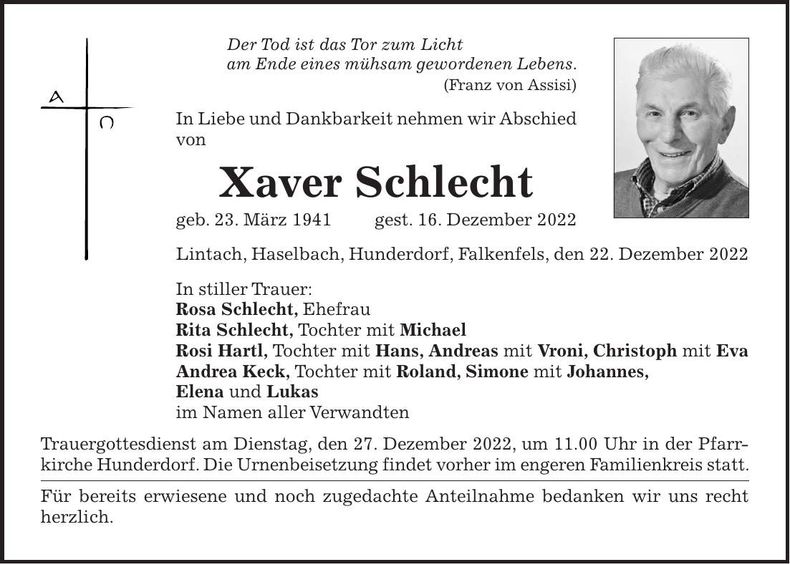 Traueranzeige Xaver Schlecht