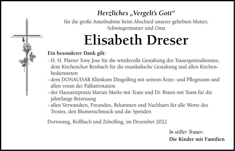 Traueranzeige Elisabeth Dreser