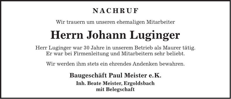 Traueranzeige Johann Luginger