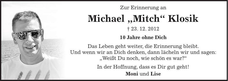 Traueranzeige Michael "Mitch" Klosik