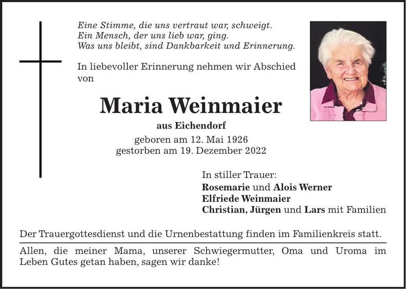 Traueranzeige Maria Weinmaier