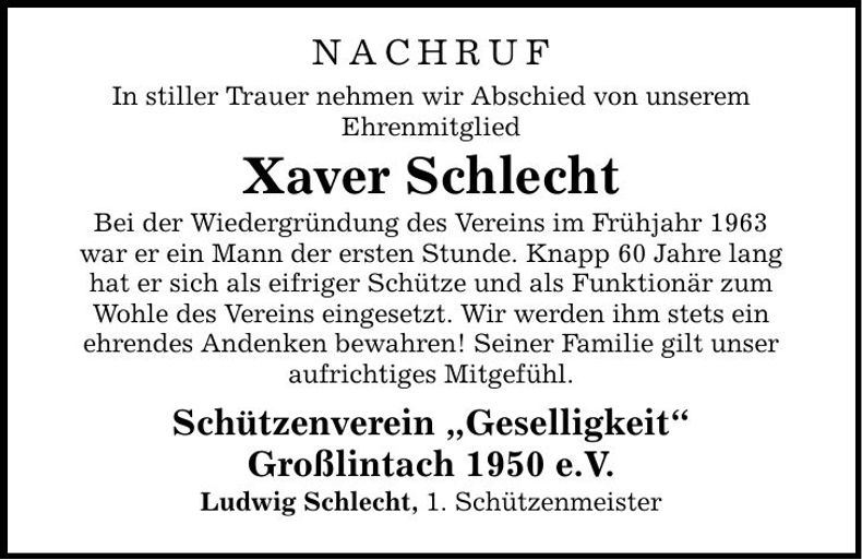 Traueranzeige Xaver Schlecht