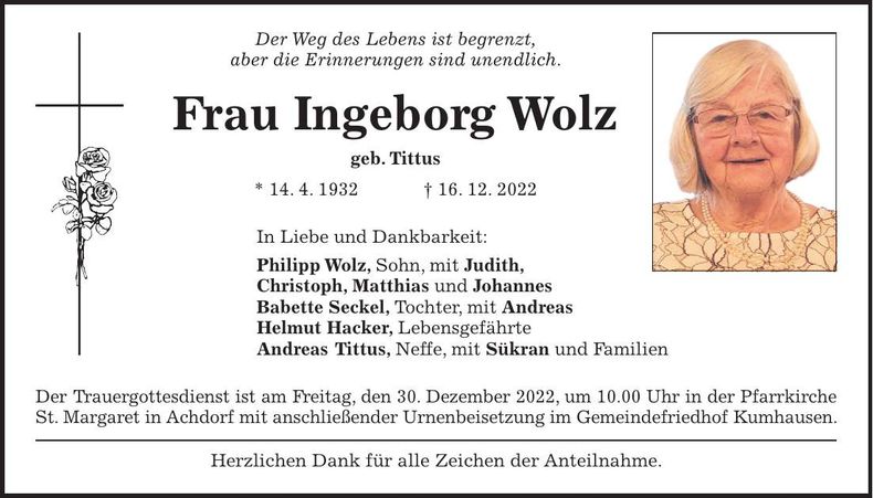 Traueranzeige Ingeborg Wolz