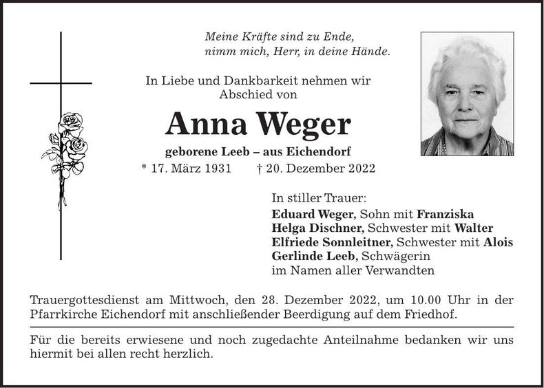 Traueranzeige Anna Weger