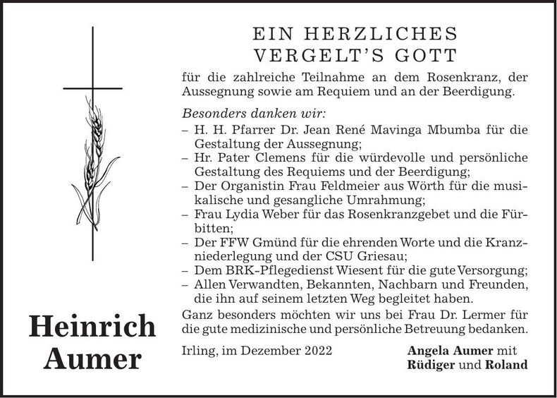 Traueranzeige Heinrich Aumer